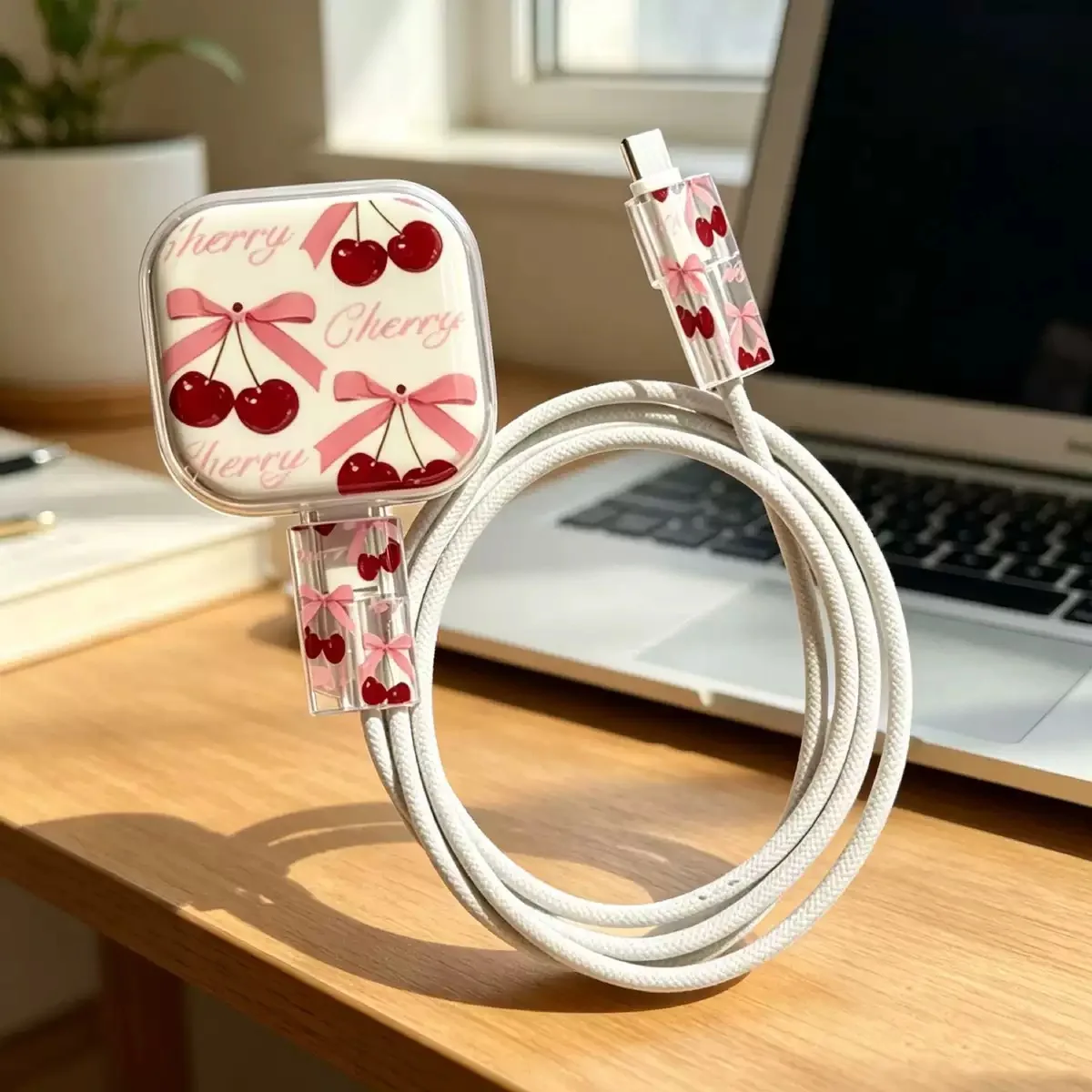 For IPhone 17/16/15/14/13 Data Cable Winder Protect Cover Sleeve Cherry Bow Pattern for Apple 18W/20W Charger Protective Case