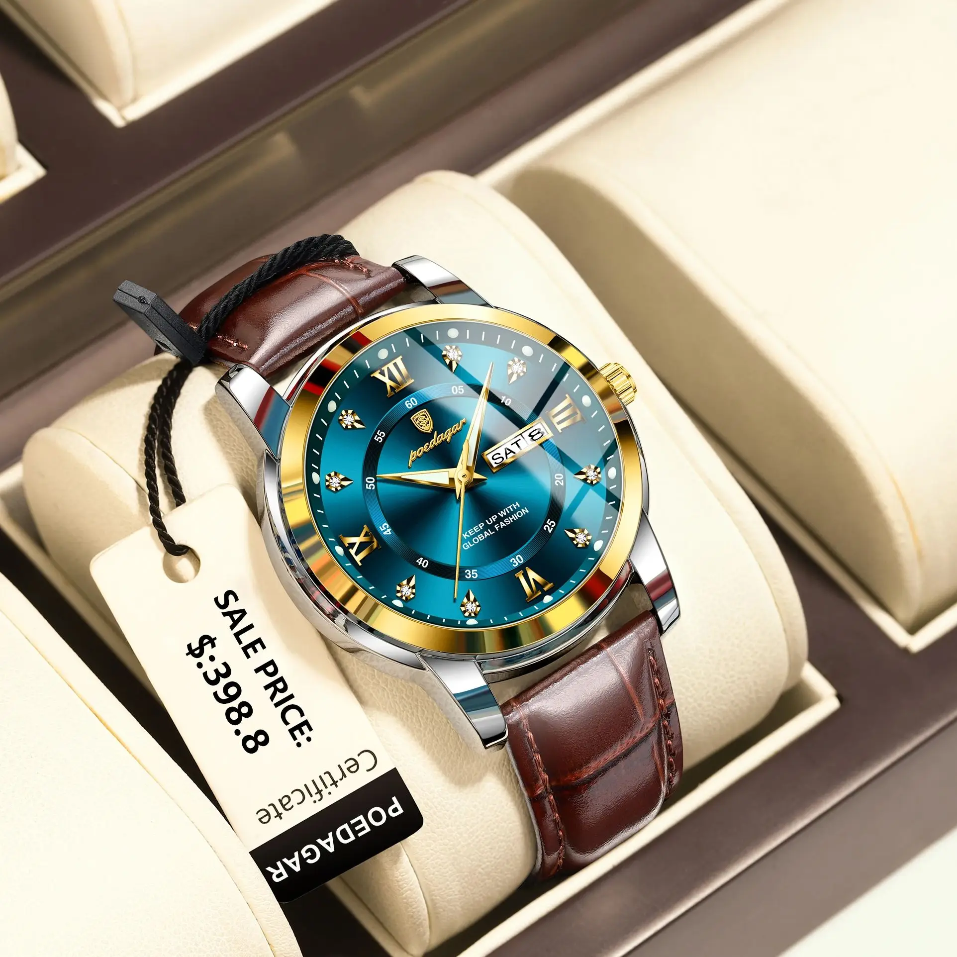 POEDAGAR Luxury Business Male Wristwatch Waterproof Luminous Leather Man Watch Date Week Sport Casual Men's Quartz Watches reloj