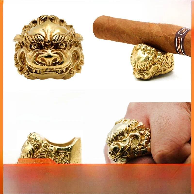 

Портативная подставка для сигар из чистой меди с винтажным дизайном в виде львиного кольца, прочный аксессуар для любителей сигар