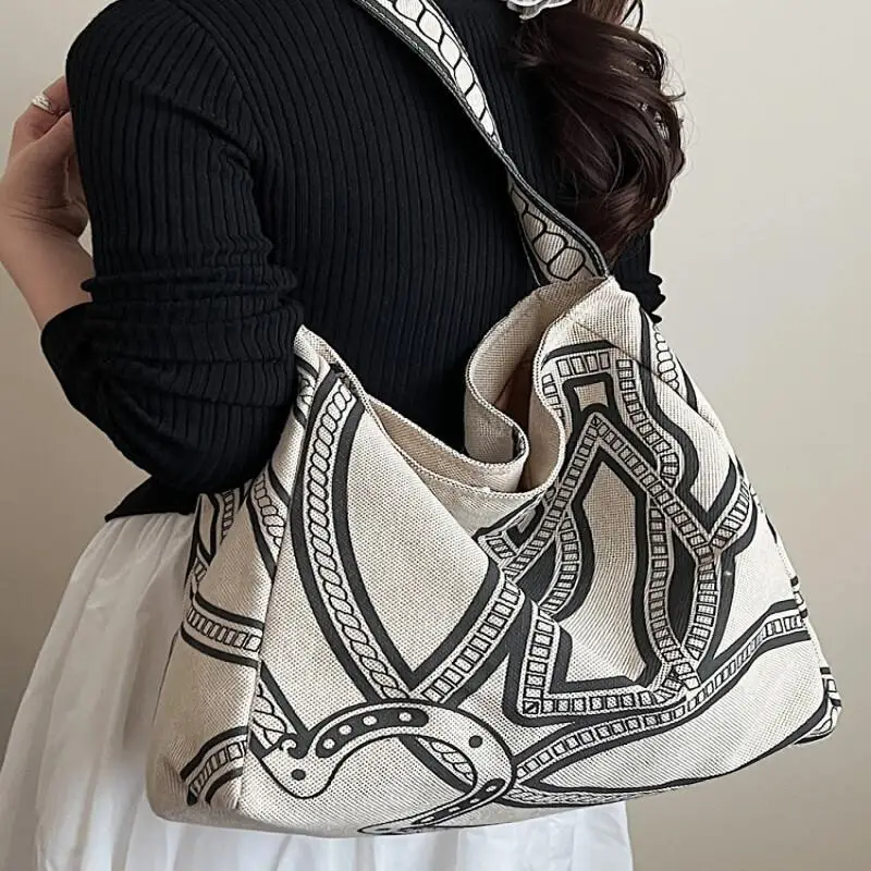 

Fashion New Storage Bag Style Shoulder Large Capacity Tote Women Casual Lazy 2025 Summer Underarm Bucket Printed Canvas Women's