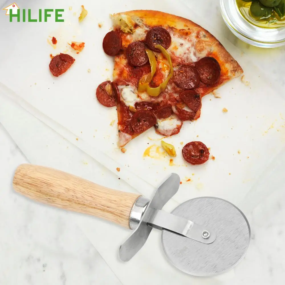 HILIFE-cortador de Pizza redondo de acero inoxidable, cuchillo de Pizza con mango de madera, herramienta para hornear Pasta de pastelería, accesorios de cocina para el hogar