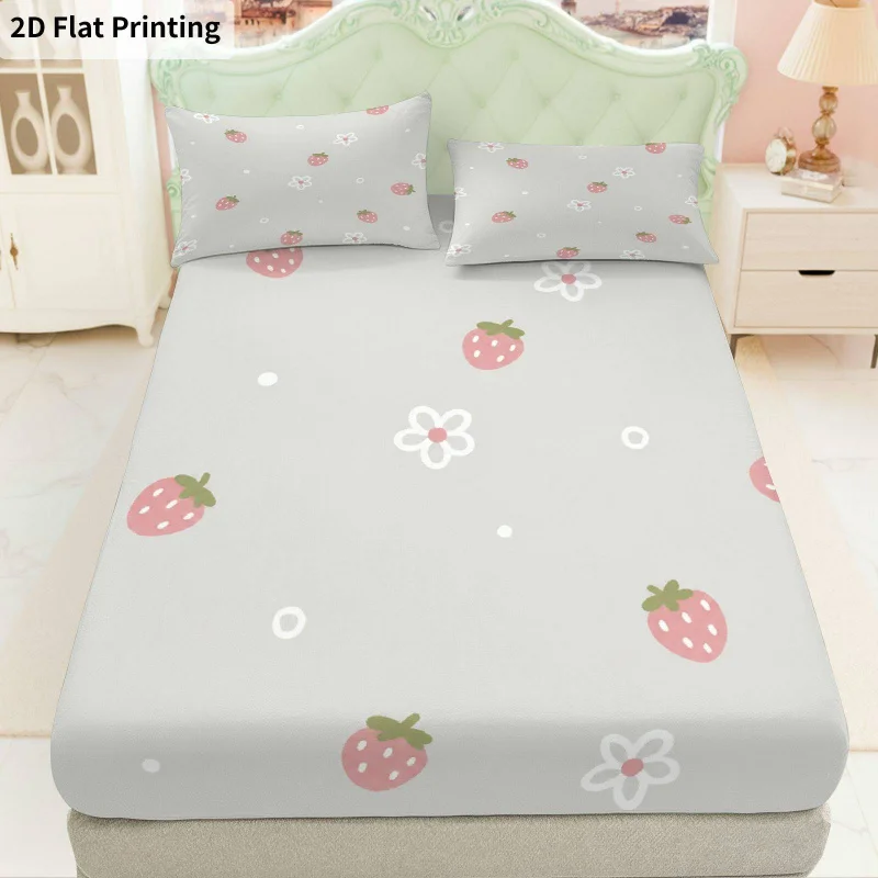 3Pcs Strawberryfloral Fitted Sheet Three Piece Set (1*Fitted Sheet + 2*Pillowcases, Coreless), Bedding Set