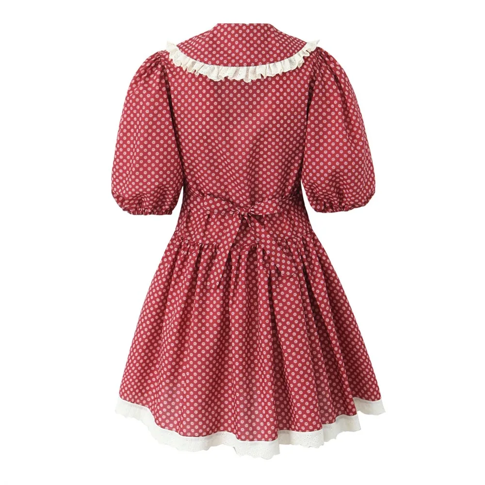 2025 Retro empalmado encaje flor roja estampado de tótem cuello Peter Pan media manga Mini vestido mujeres cintura baja vestidos plisados fruncidos