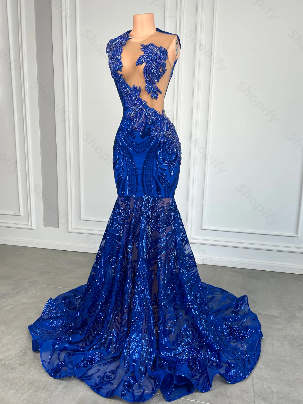 Elegant Royal Blue Mermaid Prom Dress For Black Girl Sparkly Lace Sequined Prom Party Gown African Women Long Prom Dresses