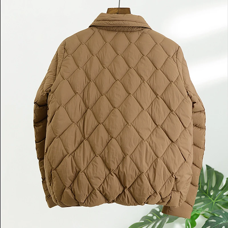 Schinteonผู้หญิงเป็ดสีขาวลงเสื้อลําลองหลวมArgyleฤดูใบไม้ร่วงฤดูหนาวOutwear Turn-Down Collarเสื้อแฟชั่น 2025 ใหม่