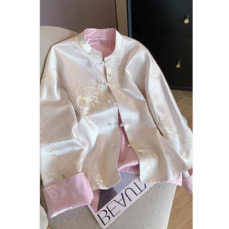 2025 Autumn Women's Jacket Retro Embroidered Stand Collar Coat Chinese Buckle National Style Comfortable Casual Long Sleeve Top
