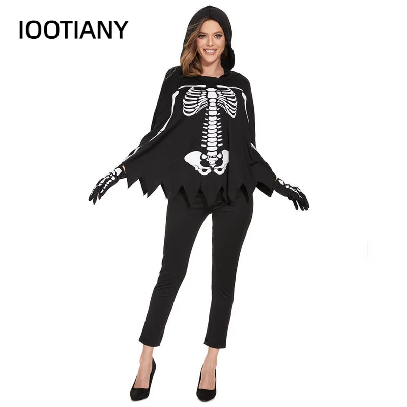 Iootiany Halloween Carnival Party Horror Skeleton Pants Set Adult Women Gothic Skeleton Cape Day Of The Dead Vampire Costume