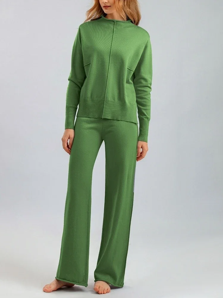 Autumn Winter Women half high neck Elegant Knit Sweater Top Pants 2-piece Set Long-sleeved Pullovers Casual Loose Womens Clothes