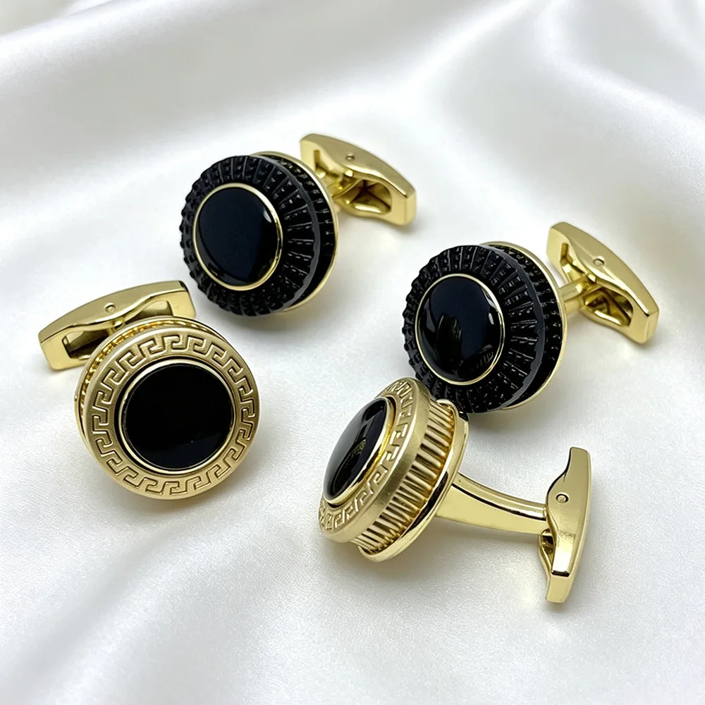 Vintage Round Black Inlay Cufflinks Gold Tone Metal Greek Pattern Men Shirt Cuff Links Suit Accessories Formal Dress Gift