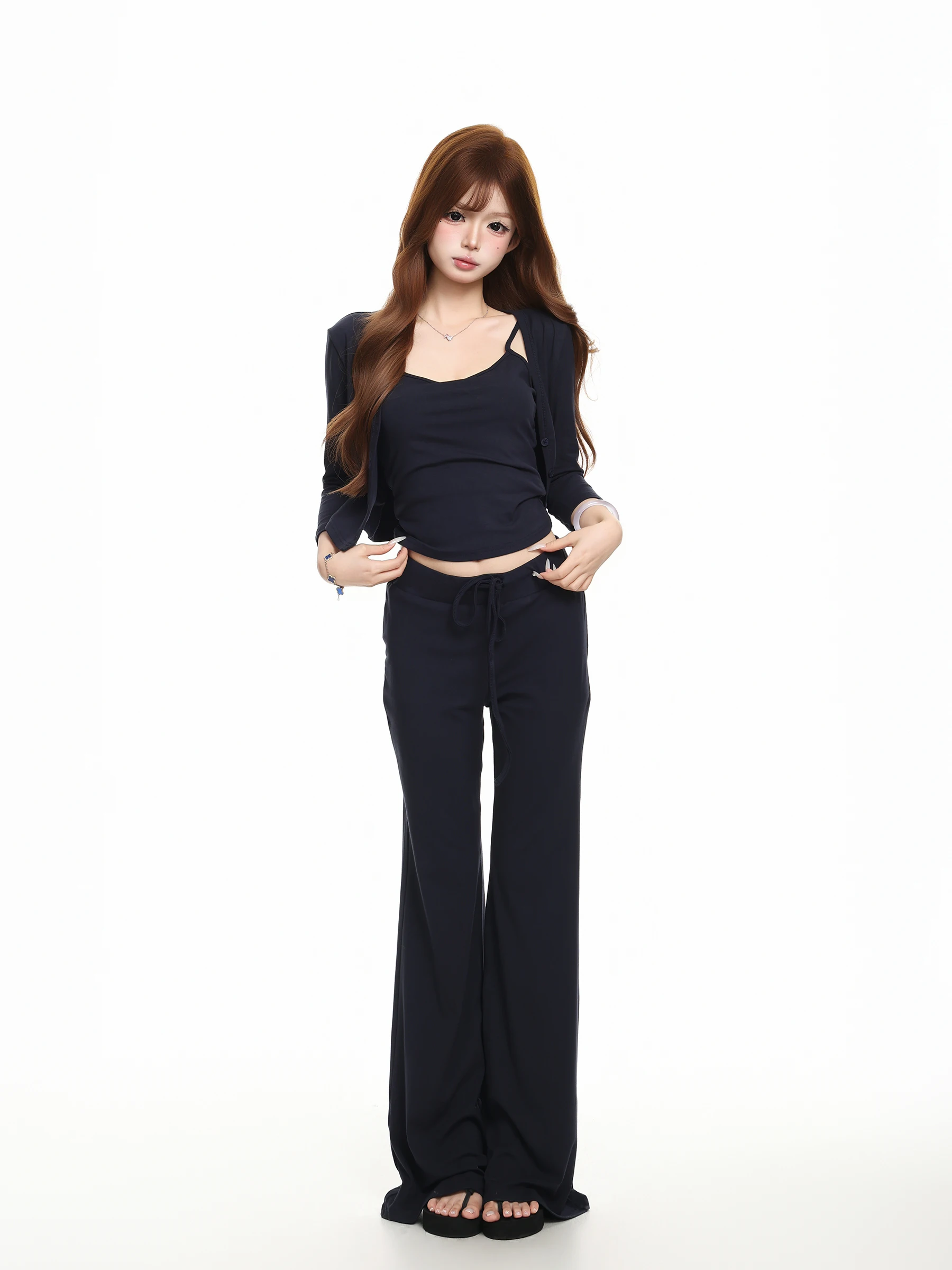 BASTERDS Women's Casual Sport Set Long Sleeve Cardigan Camisole Flared Pants Three-Piece Suit Autumn Fashion Breathable Cotton