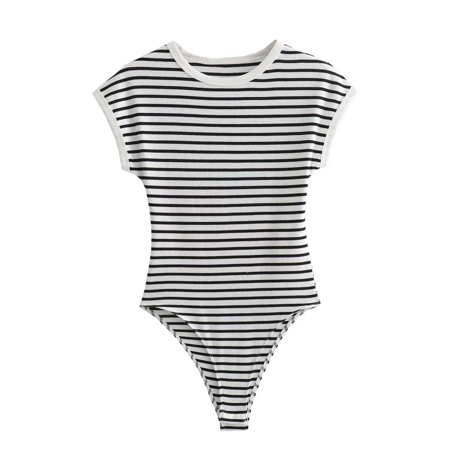 Tangada 2024 Women Striped Knitted Bodysuit for Female Body Suit Shirt Woman Playsuit 6X0194