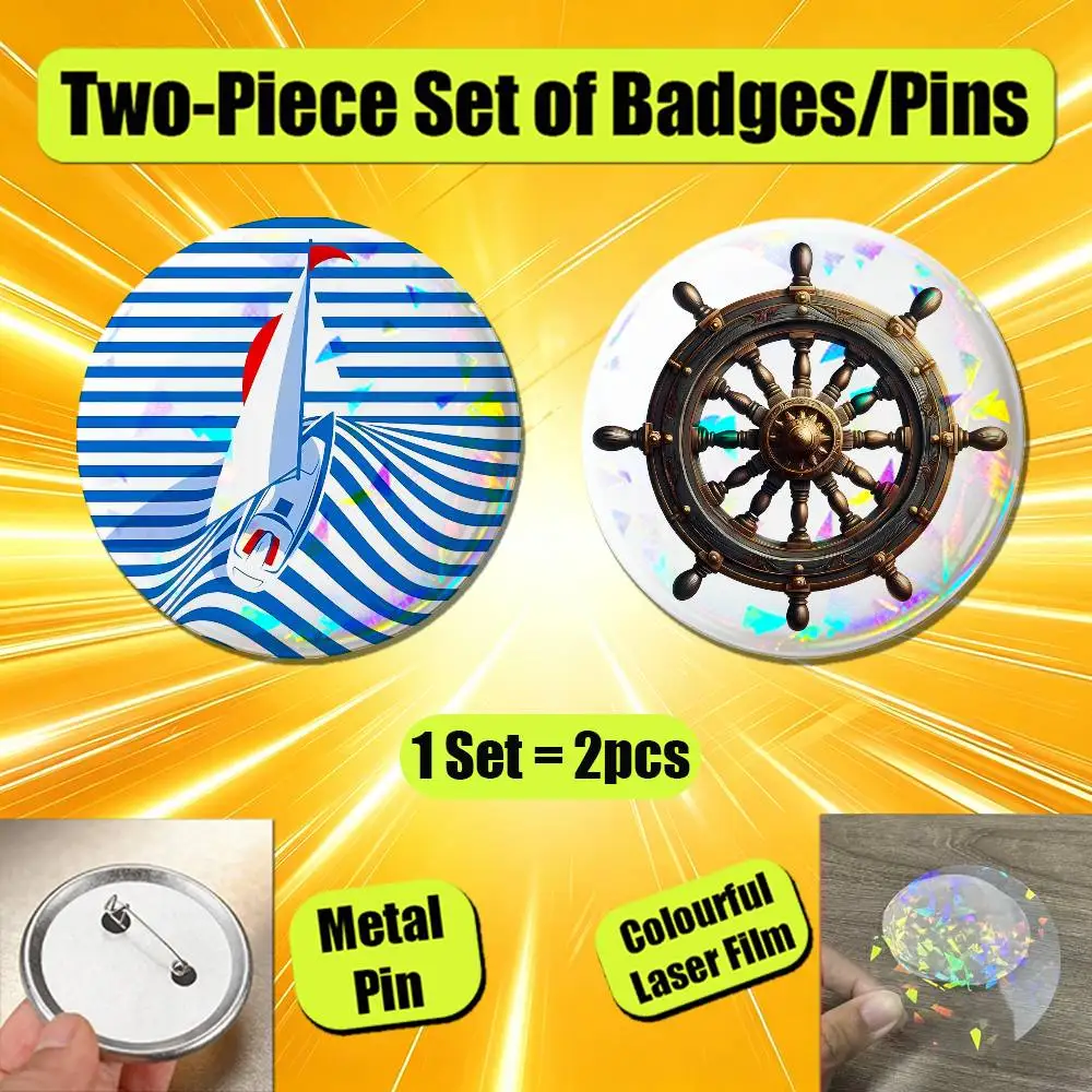 For Anchor Boat Ship Wheel Compass Logo Badge Pin Button Round Brooch Decor Fans Cosplay Collection Gift Custom 2PCS Set