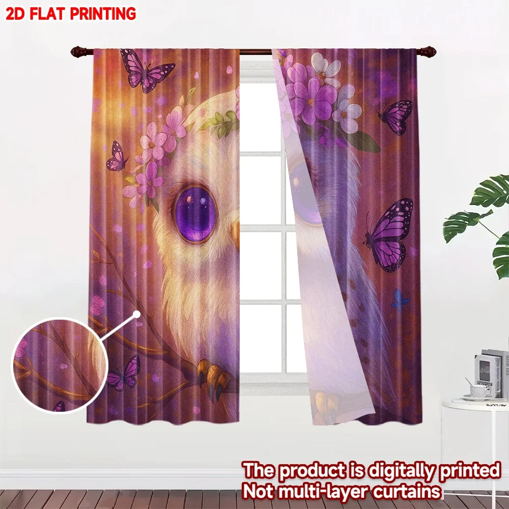 2D flat printing 2pcs Window Curtains Purple owl branches Digital Printed Polyester Drapes Holiday Decorations for Holiday