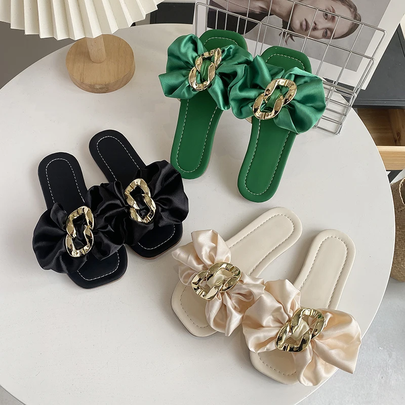 Girl's Slippers Silk Bowtie Buckle Pure Color Beautiful Children Sliders Summer Square Toe Holiday Beach Kids Shoes 27-36