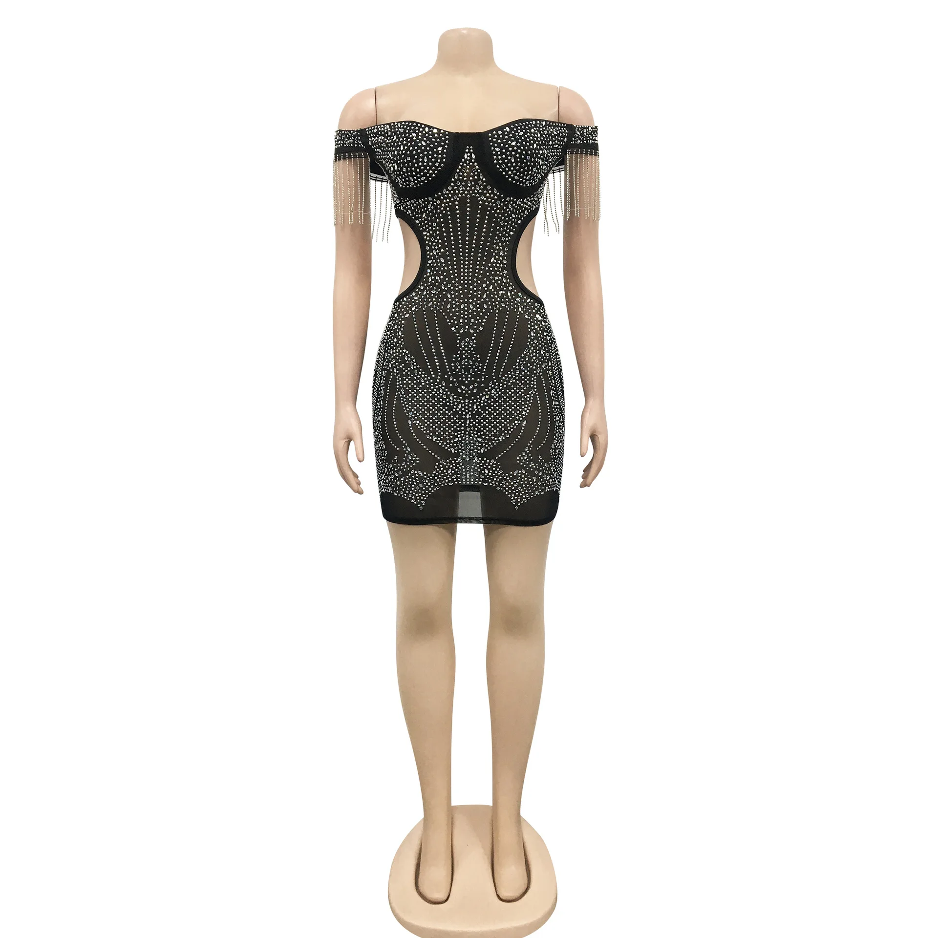 Sexy nightclub party party club hot diamond mesh see-through flat shoulder nappa wrapped chest hollowed out dresses