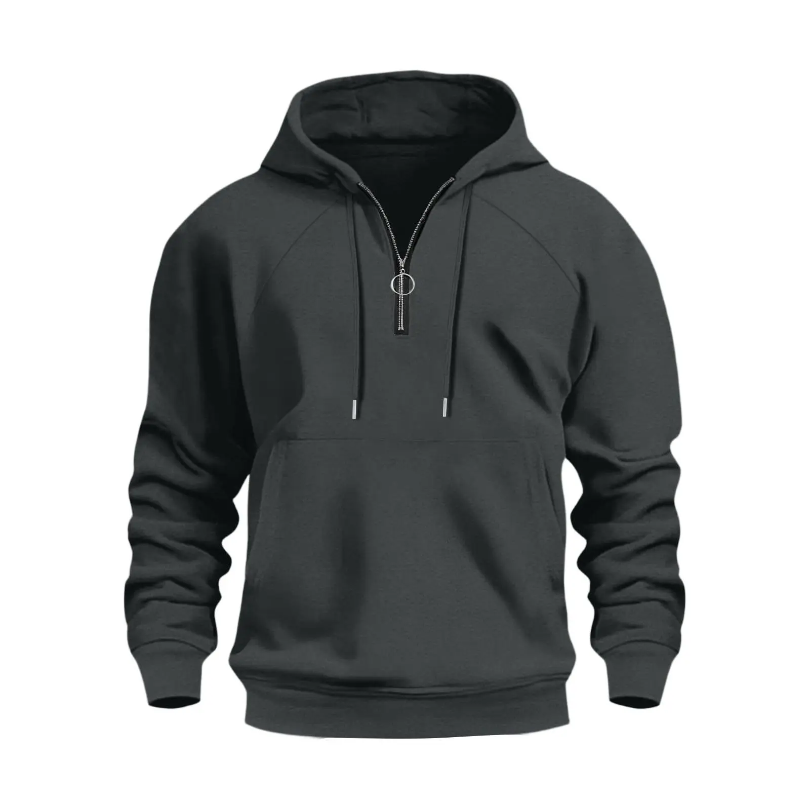 

Men's fashionable half-zip pullover crew-neck hooded solid-color hoodie, casual dropped-sleeve with large pocket sports hoodie