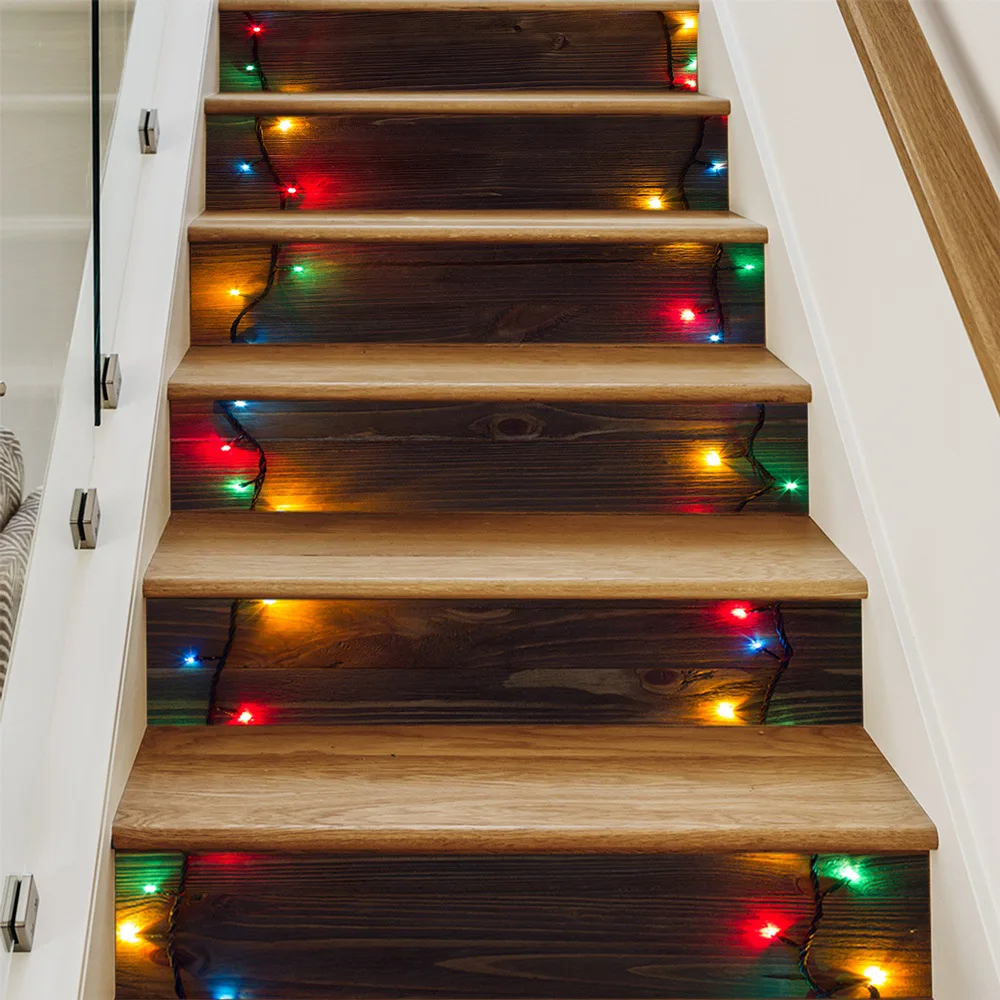 Fairy Lights Wood Grain Stair Riser Decals 6Pcs Peel & Stick Removable Vinyl Stickers Christmas Holiday Indoor Staircase Decor