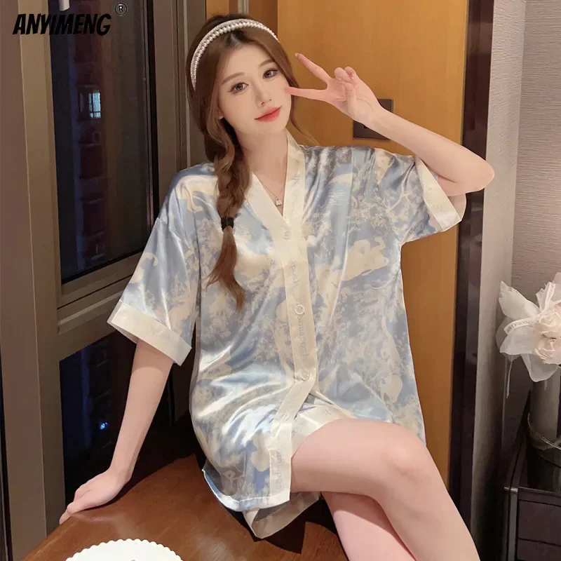 Luxury Silk Sleepwear Kimono Ice Silks Women Pajamas Set Summer Kimono V-neck Lapel Homesuits Casual Loungewear Sexy Nightwear