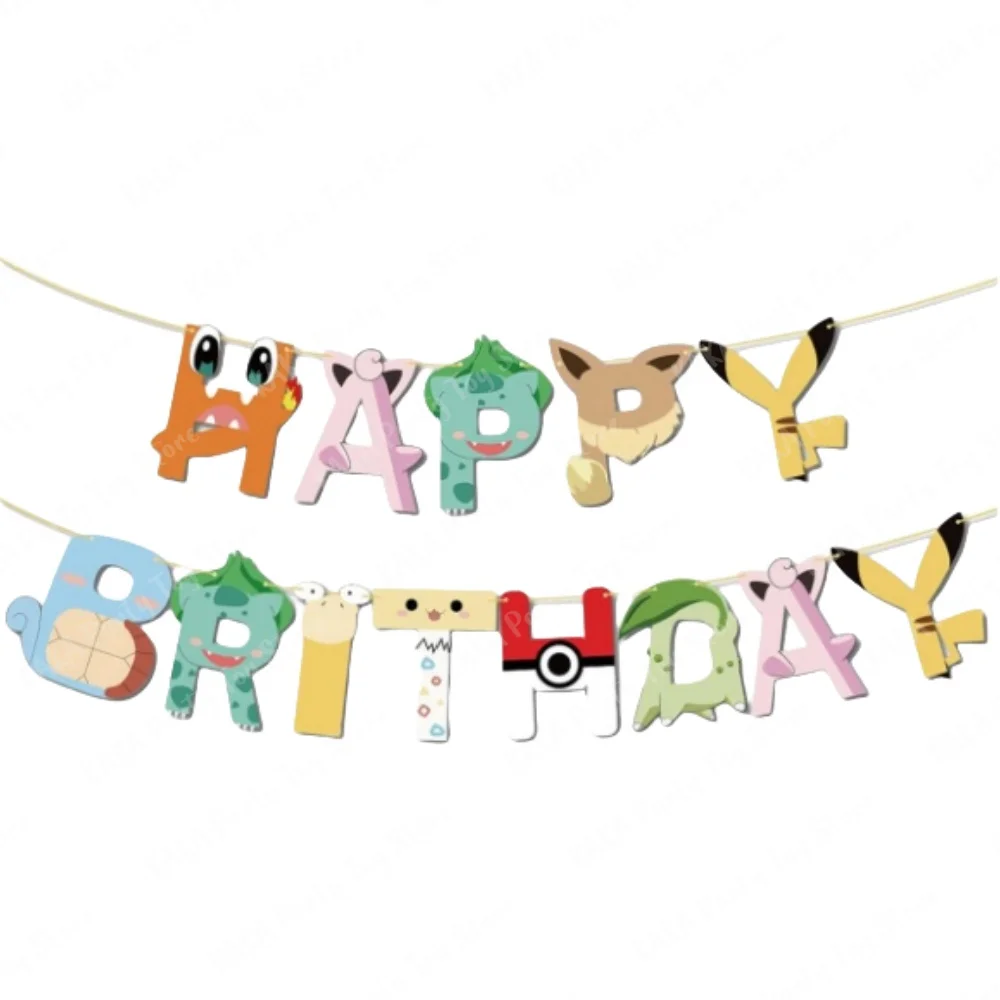 13Pcs/Set Pokemon Theme Bunting Happy Birthday Flags Decorations Pikachu Hanging Banner Baby Shower Events Party Supplies