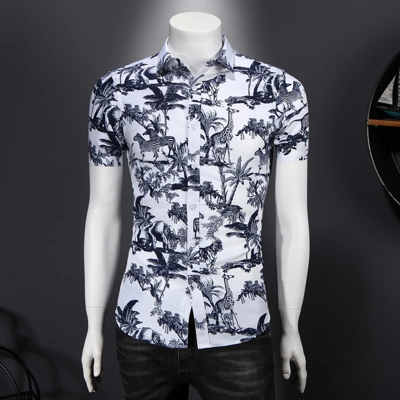 Camisa estampada com animais tropicais masculina, camisa havaiana casual, top fino, moda coreana, férias, elegante, 7XL