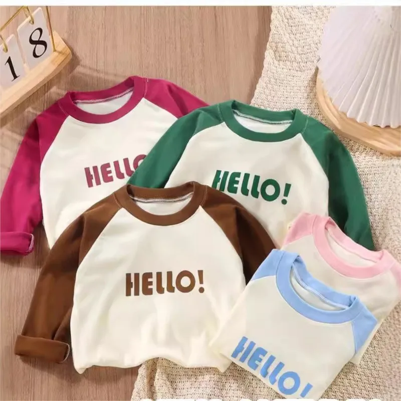 Autumn Toddler Girl Thin Sweatshirt Cotton Letter Spliced Raglan Sleeve Baby Girl Tops Loose Round Collar 1-12Y Boys Base Shirts