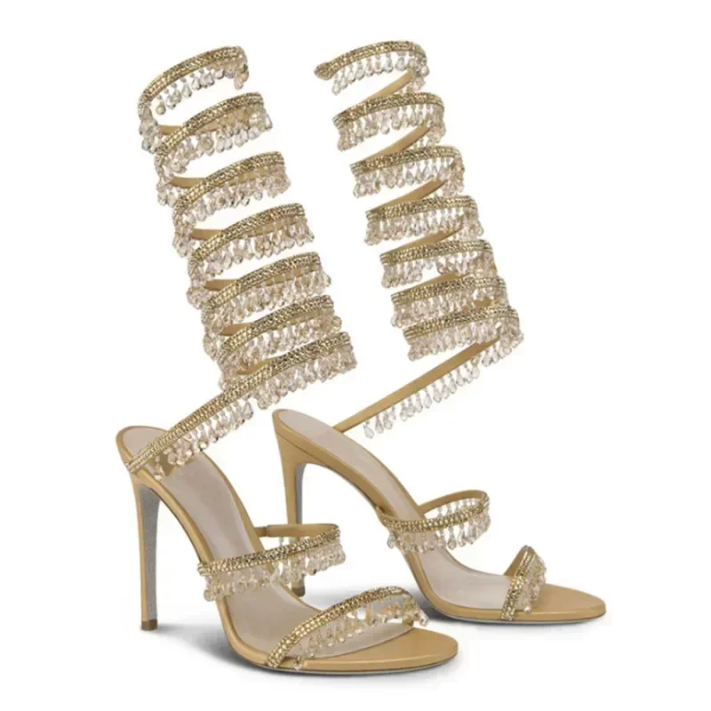 2024Women's New Water Diamond Sandals Fashion Tassel Crystal Shoes Sexy Banquet Party Twin Stiletto Women's Large Sandals image 6