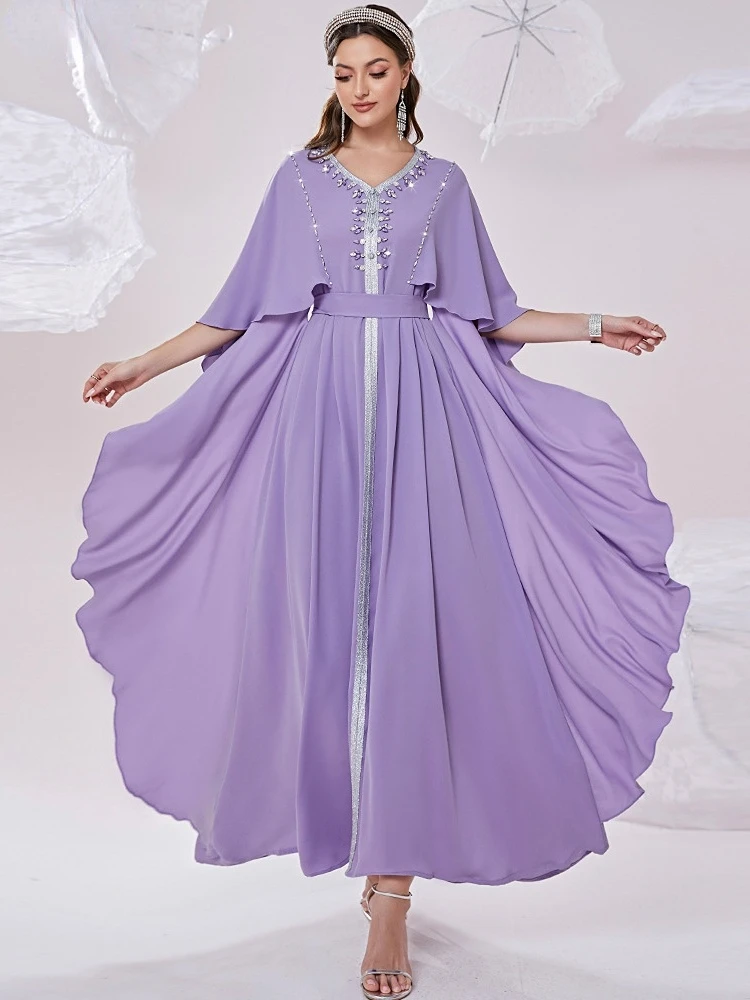 

Rhinestone Tape Trim Belted Kaftan Solid Color V-Neck Butterfly Sleeve Slim Dress Fashion Asymmetric Hem Ladies Dresses