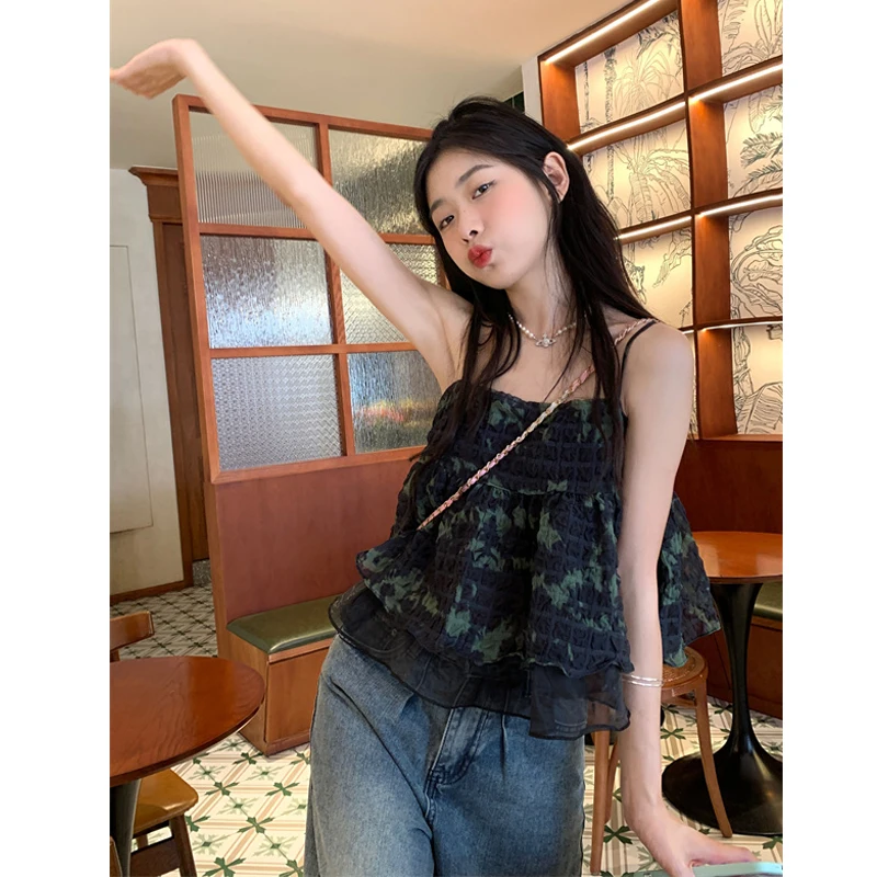 Retro Floral Tie Dye ort Svel Vest Top Women's Summer Faion Sweet Princ Sle Polyester Blend Straight Cut T-irt