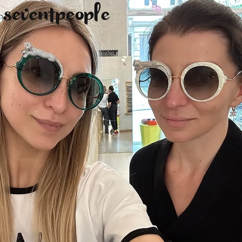 Runde Sonnenbrille Frauen Luxus Designer Kristall Leopard-Shaped Sun Gläser für Weibliche Mode Anti Blau Licht Brillen Damen – Detail 4
