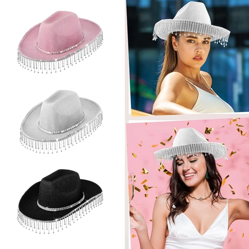 Shimmering Powder Tassels Cowboy Hat Adult Women Bridal Shower Cowgirl Cap Masquerade Balls Costume Headdress