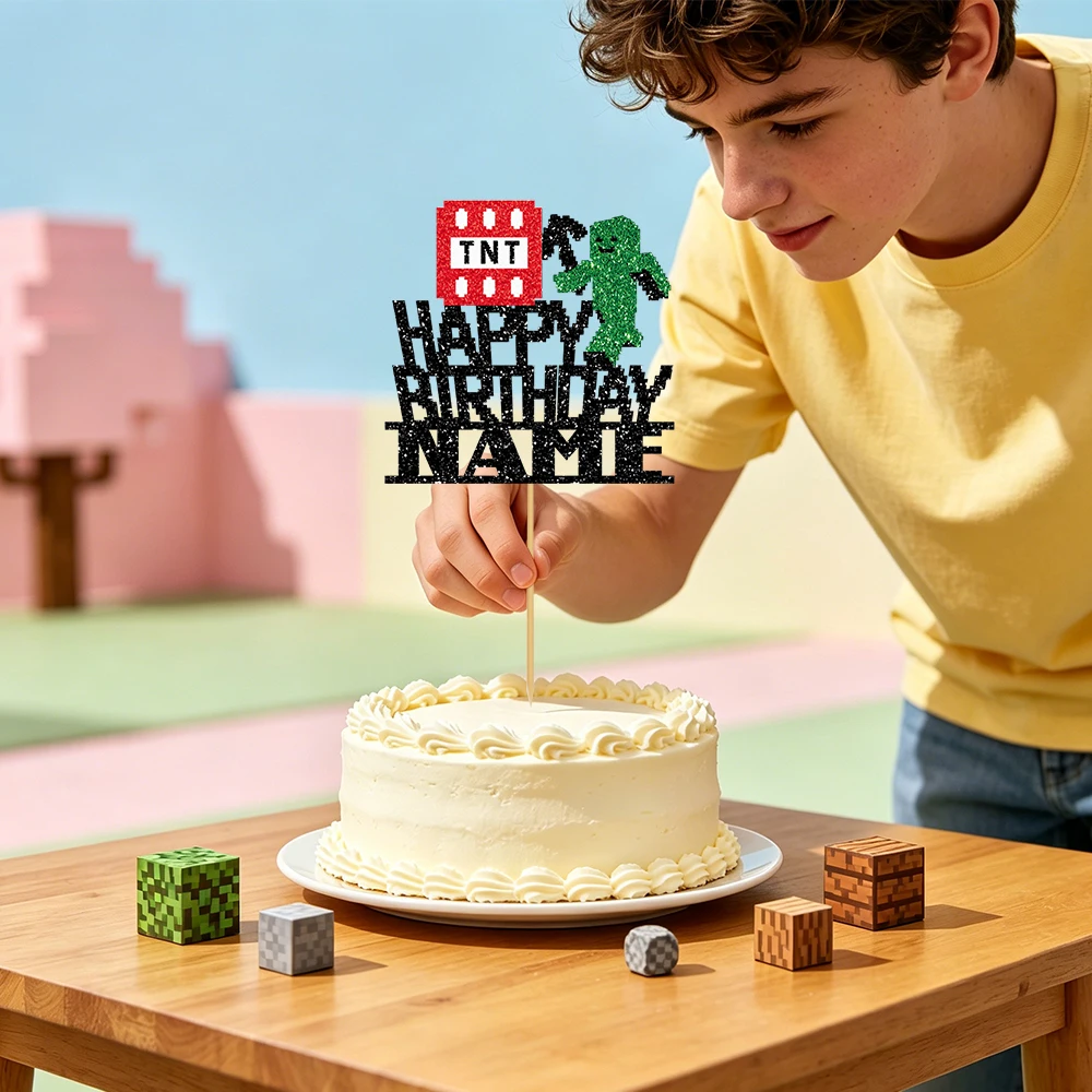 1/3/6 Pcs Of Glitter Minecraft Game Cake Decoration - Personalized Name Design - Suitable For Birthday Parties, Fan Gatherings view 2
