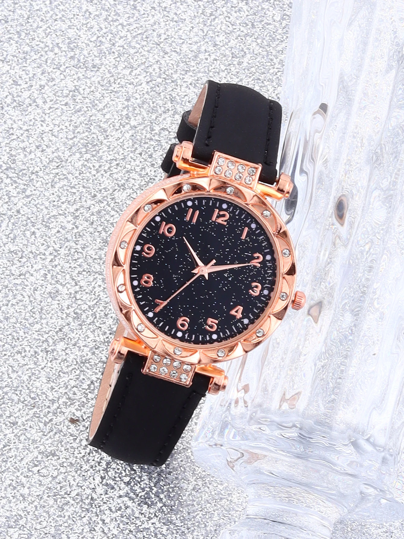 Fashion classic Black Skin women's quartz watch with butterfly diamond necklace jewelry set analog watch gift