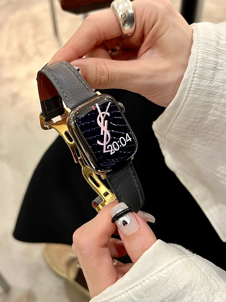 หนังแท้หรูหราสําหรับ Apple Watch 38 มม.40 มม.41 มม.42 มม.45 มม.49 มม.ผู้หญิง Slim สร้อยข้อมือสําหรับ iWatch Ultra 9 8 7 SE 6 5 4