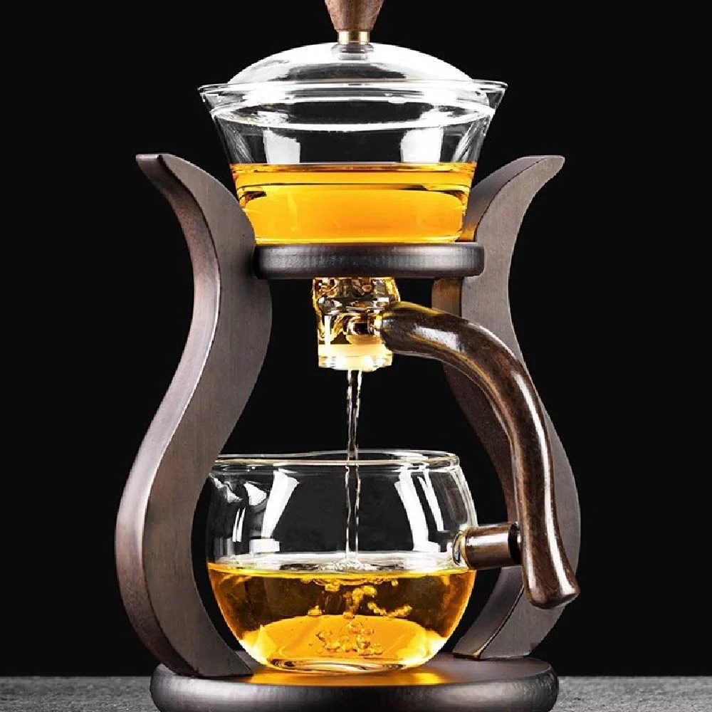 Chinese Tea Pot Infuser Kettle Semi Automatic Glass Teapot with Filter One Click Magnetic Strainer Wood Holder Cup Set tetera