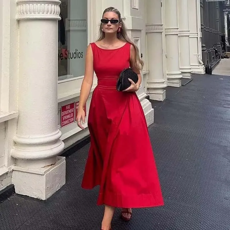 YENKYE Elegant ผู้หญิงเซ็กซี่ Backless O คอ Midi ยาวชุดแขนกุดต่ําเอว A-Line Holiday Party Dresses ฤดูร้อน Robe
