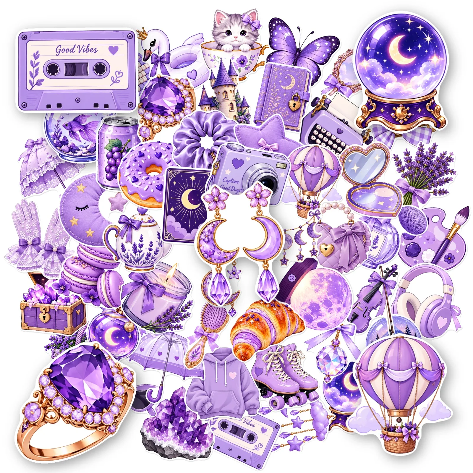 10/150Pcs Purple Lavender Aesthetic Stickers Cute Cat Moon Crystal Decals DIY Junk Journal Scrapbook Laptop  Kawaii Craft Decor