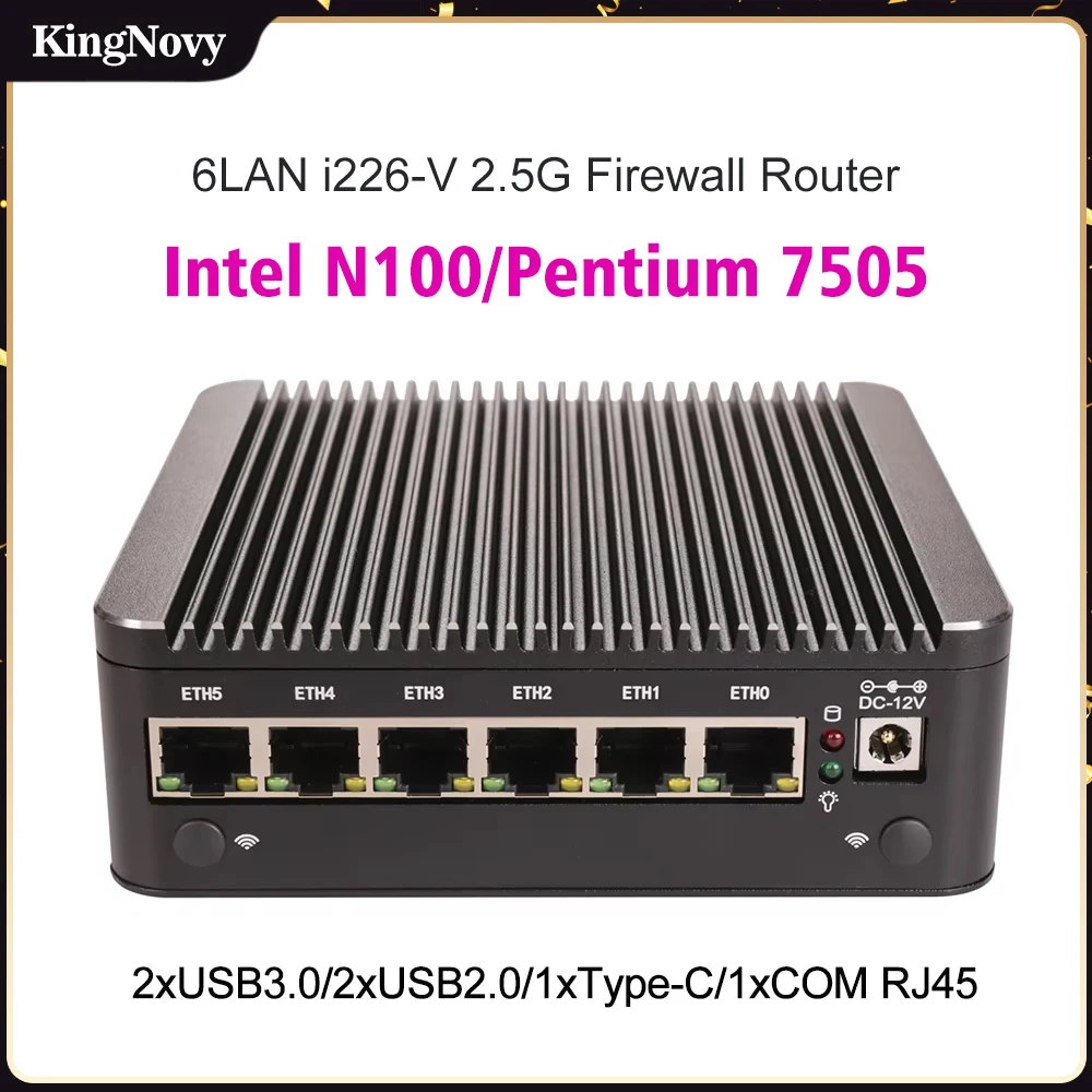 방화벽 라우터 팬리스 미니 PC, 6Lan 12 세대 인텔 N100 i226-V 2.5G, DDR4 NVMe 1 * COM C타입 pfSense OPNsense ESXi 미니 컴퓨터