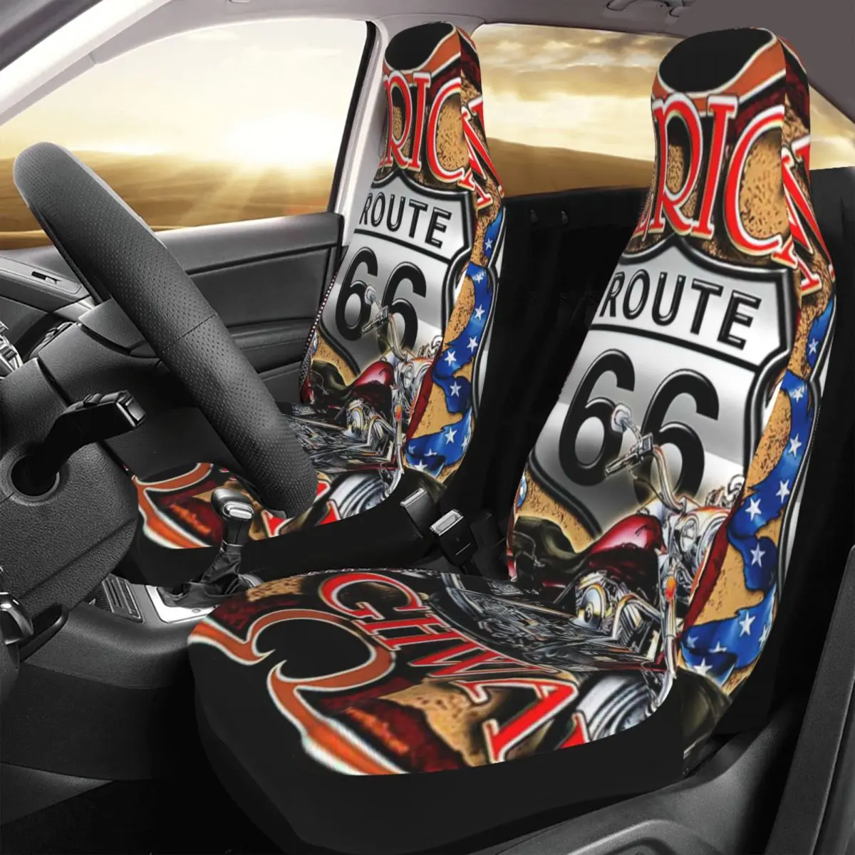 Route 66 Americas Highway Motorcycle Car Seat Cover Custom Printing Universal Front Protector Accessories Cushion Set