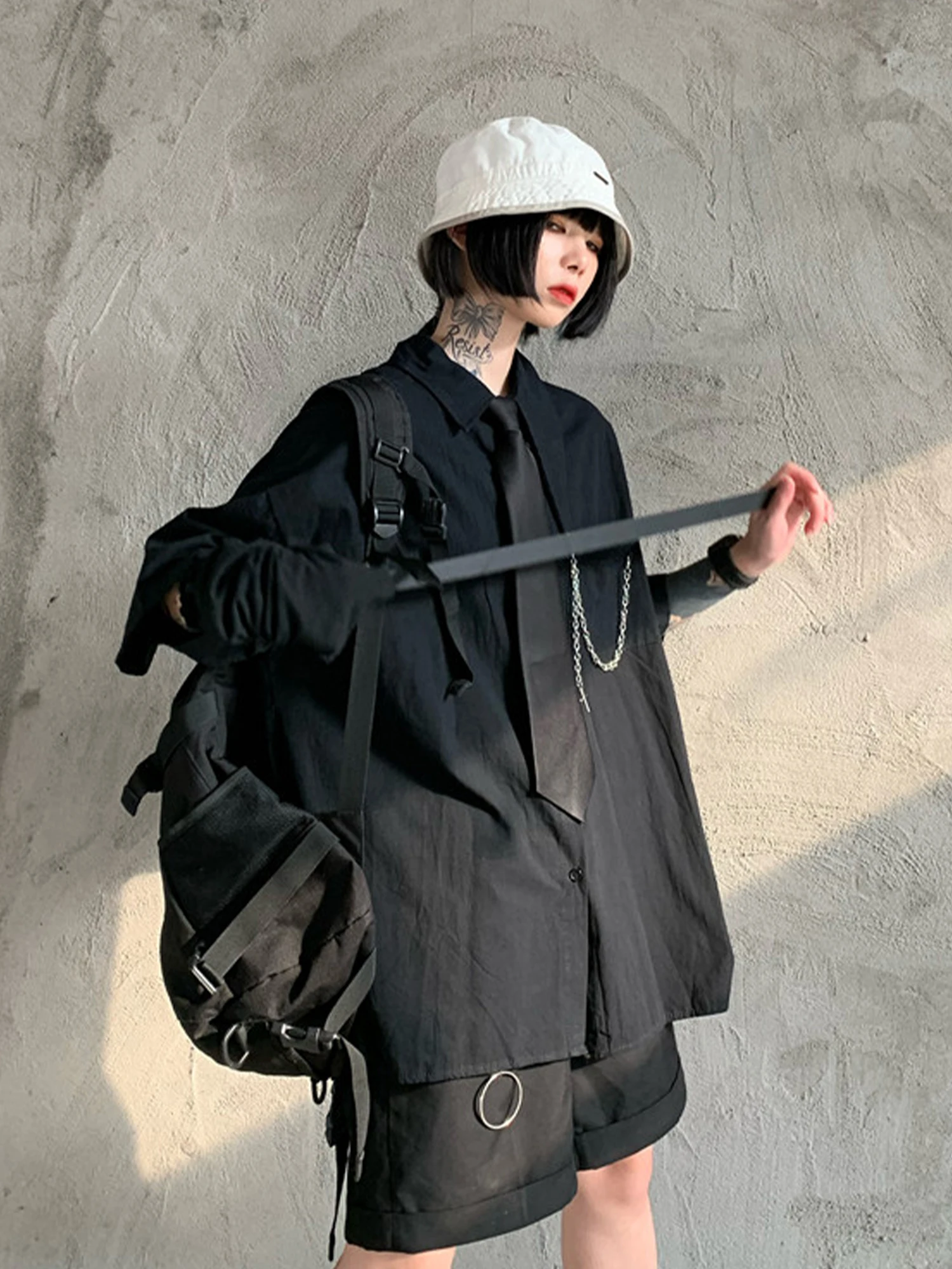 Women's Black Gothic Dark Blouses and Shirts Vintage Cargo Short Sleeve Shirt Y2k Gyaru Oversize Shirt Coat Top for Women Summer - view 3