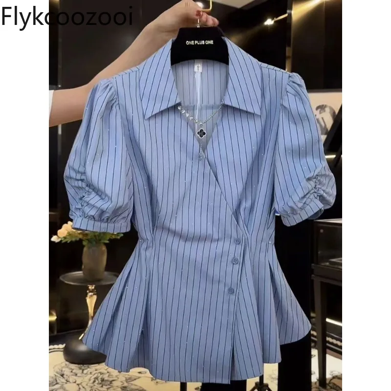 

Striped Lapel Collar Short Sleeve Asymmetric Shirt Women Pleated Waisted Slim Blouse Summer Office Lady Chic Elegant Premium Top