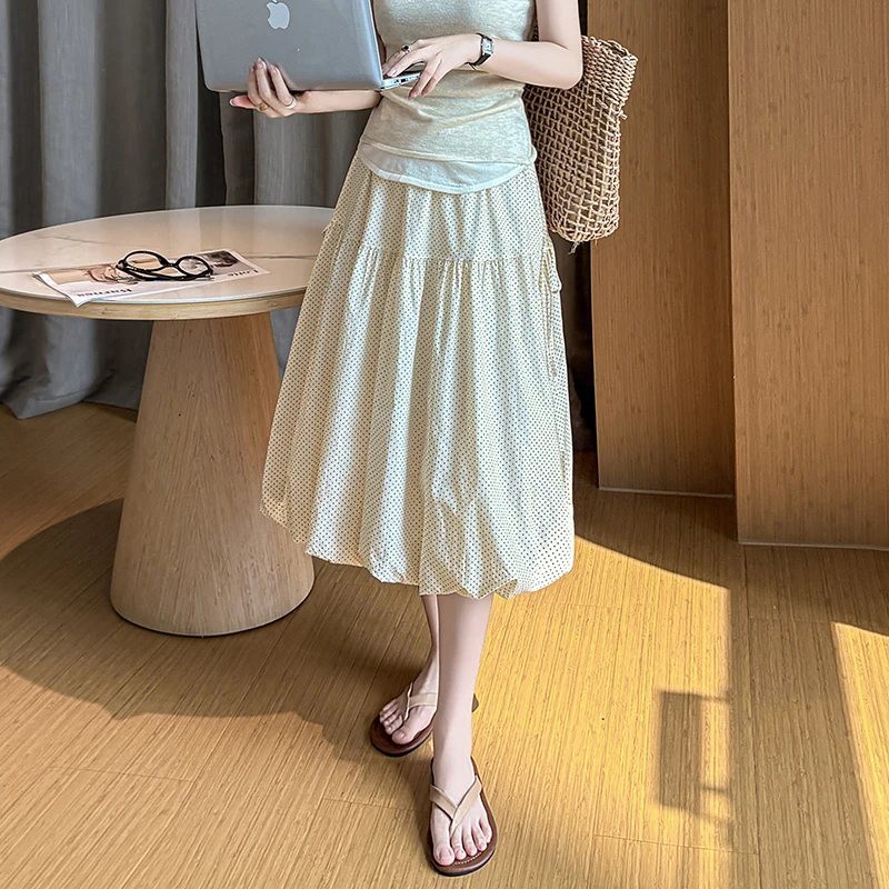 

Summer 2026 Women's A-Line Midi Skirt Polka Dot Bloomer Design Elastic Waist High Waist Print Knot Long Skirt