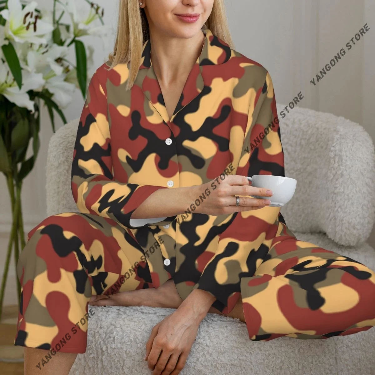 Women Sleepwear Loungewear Camouflage Abstract Pattern Long Sleeve Lapel Neck Shirt and Elastic Waist Pants Pajamas Set