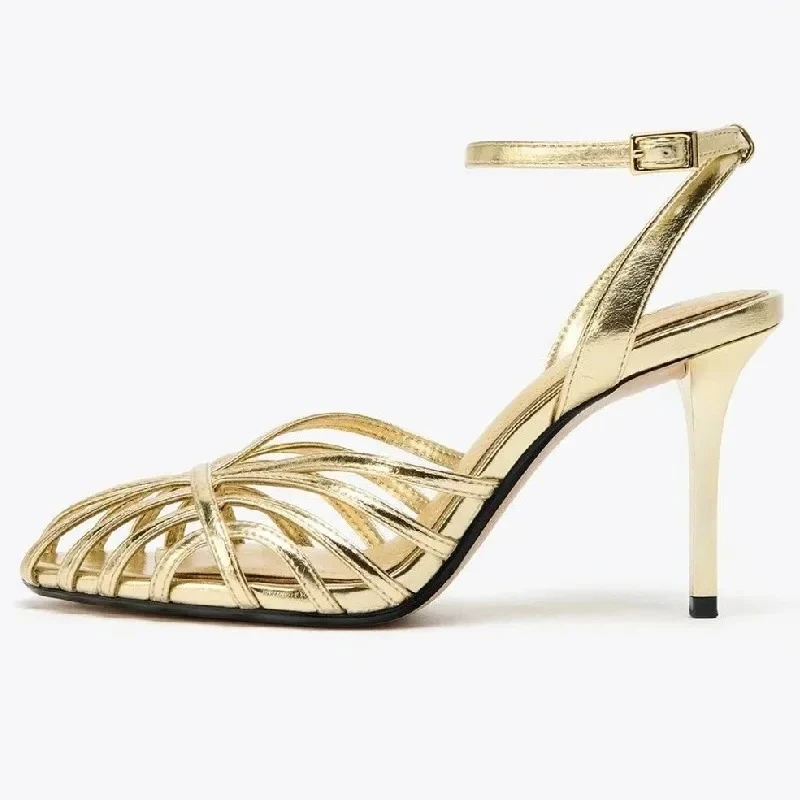 

Золотые пикантные босоножки на тонком каблуке, женские туфли-лодочки с узким ремешком, брендовая женская обувь на высоком каблуке с пряжкой на щиколотке