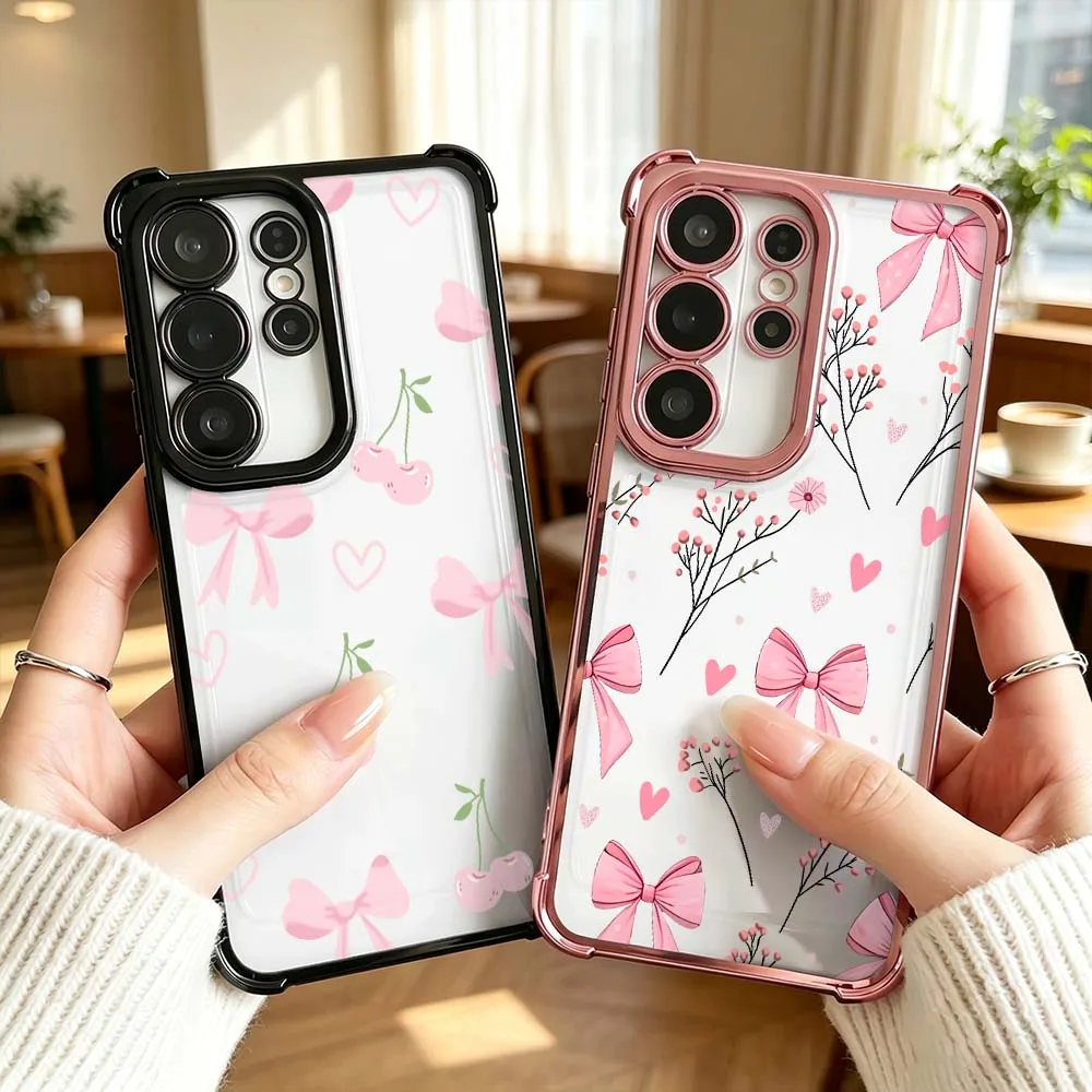 Pink Bowknot Cherry Branch Cover For Samsung Galaxy S26 S25 S24 S23 S22 Ultra FE Plus Electroplating Anti Fall Phone Case