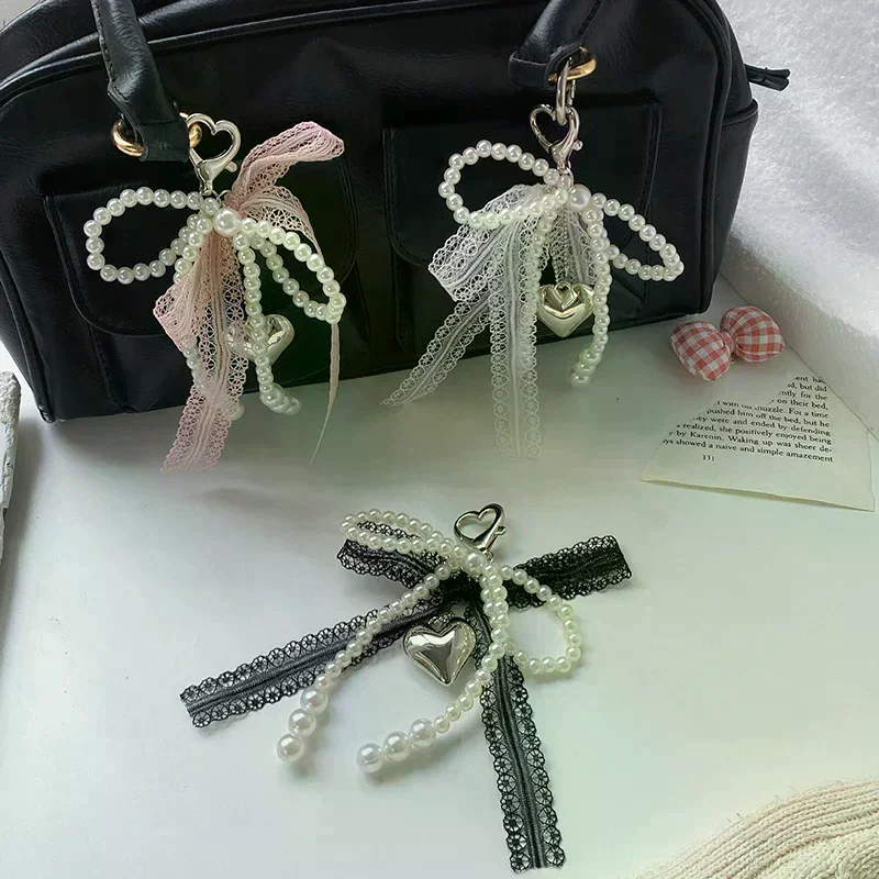 1pc Sweet Lace Bow Beaded Keychain Phone Charm Strap Pendant for Accessories Bag Hanging Cord Women Girl
