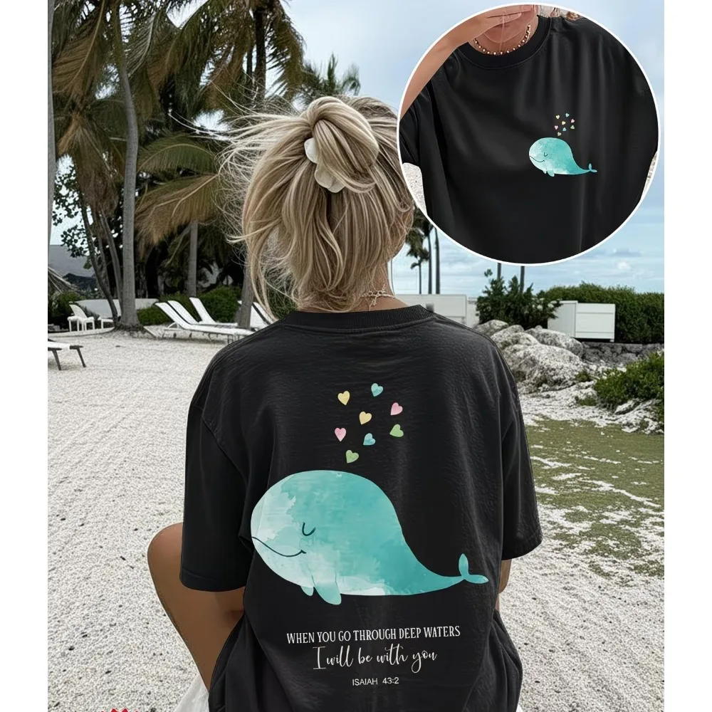 Christian Whale Graphic T Shirt Isaiah 43:2 Bible Verse Faith Tops Women Trendy Back Print Casual Short Sleeve Summer Tee