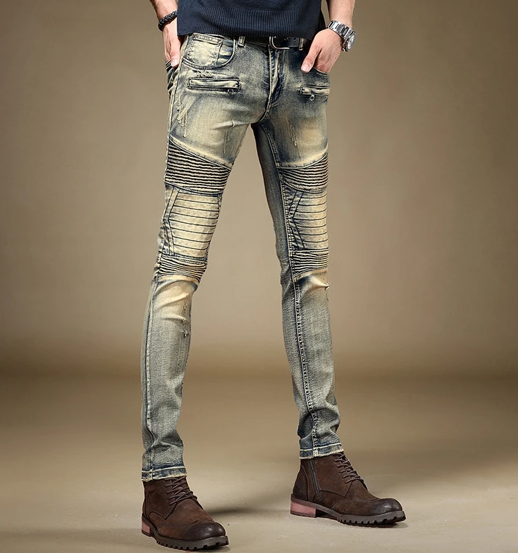 

Ретро джинсы с эффектом потертости, мужские зауженные брюки-буткэт, осенняя новинка, в американском стиле, с мотоциклетной тематикой, модные молодежные.