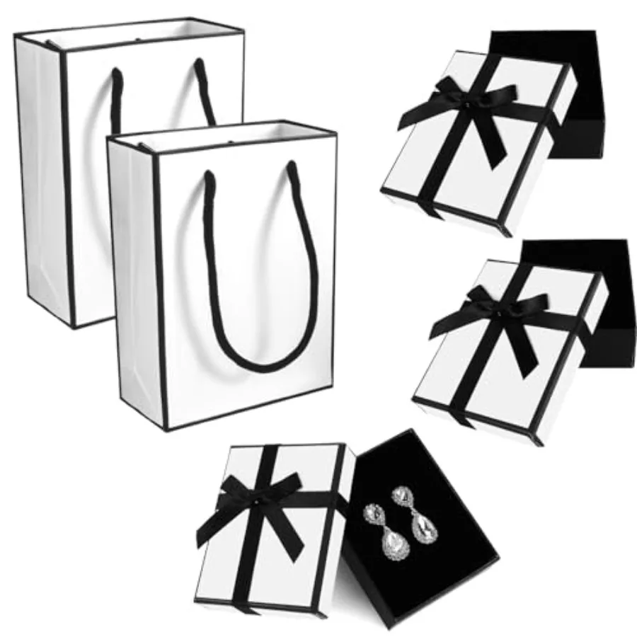 

2Pcs White Small Gift Box and 2Pcs Small Gift Bag with Black Ribbons, Jewellery Gift Box for Bracelets, Earrings, Rings, Bangle