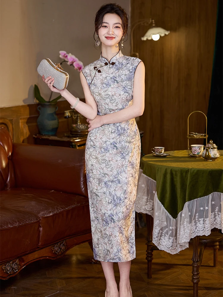 

Летнее винтажное облегающее платье-ципао для молодых женщин, фиолетовое, с цветочным принтом, дышащее, легкое, с длинными рукавами