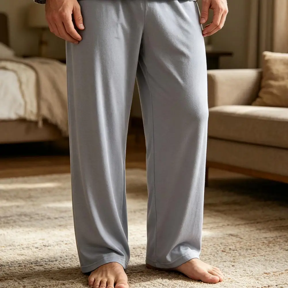 Flexible Sleepwear Men's Ice Silk Pajama Pants Elastic Mid-rise Wide Leg Lounge Trousers Soft Breathable Stretchy Sleepwear